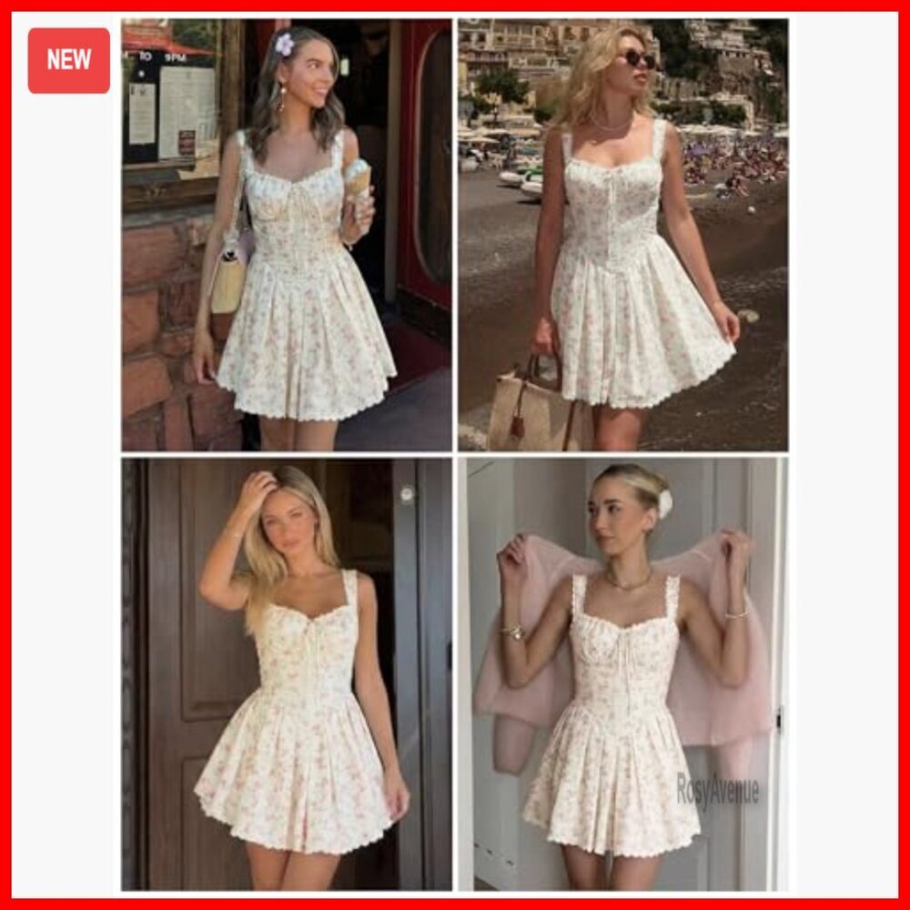 Floral Corset Mini Dress Lace Trim A-Line Summer Casual Party Wedding - Picture 6 of 7